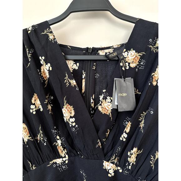 $415 Maje Floral Bohemian Mini Dress Womens Size 34 V Neck Long Puff Sleeves NWT - Picture 3 of 8